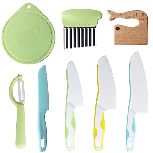Exsivemy Lot de 8 Couteaux de Cuisine pour Enfants Couteau Enfant avec Couteau en Bois, Éplucheur et Planche à Découper Couteau Montessori es Fruits ou des