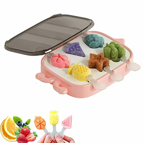 Alihoo Eisformen Eis am Stiel, 6 Klein Eisförmchen Popsicle Forme, Tier Früchte Mini Eisform für Kinder und Baby BPA Frei,Eis zum Selber Machen Formen mit Stiel und Deckel (Rosa Früchte)