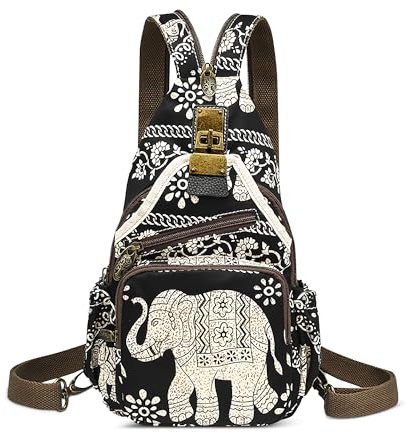 DEEVORCA Mode Damen Rucksack Lässig Anti-Diebstahl Brusttasche Vintage Crossbody Umhängetasche Arbeit Reisen Einkaufen Sport Klein Sling Bag Nylon Print Schultertasche Handtaschen Schwarz C