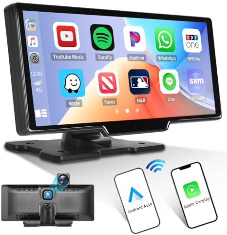CAMECHO Wireless A-pple CarPlay & Android Auto Display, 9.3 Zoll Tragbares Autoradio Carplay mit Dashcam, Carplay Auto mit Bluetooth FM/Siri/G-00gle/Mirror Link/AUX