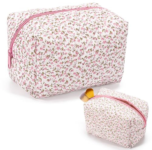 Beauty case floreale in cotone a coquette, borsa per il trucco estetico, trapuntata, grande capacità, borsa da viaggio per articoli da toeletta per donne, signore e ragazze, Tulipani rosa., carino