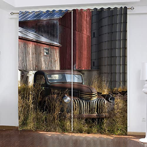 Blickdichte Vorhänge Mit Motiv 3D Rotes Oldtimer-Auto Kinder Gardinen Blickdicht Ösen Gardine Thermo 264x214 cm Schlafzimmer Kinderzimmer Vorhänge Dekoratives Muster, Verdunklungsvorhänge