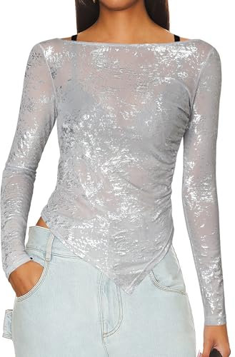 Women's Long Sleeve See Through Glitter Tops Ladies Boat Neck Mesh Sheer Sparkly Sexy Tight Blouses, Silver, L