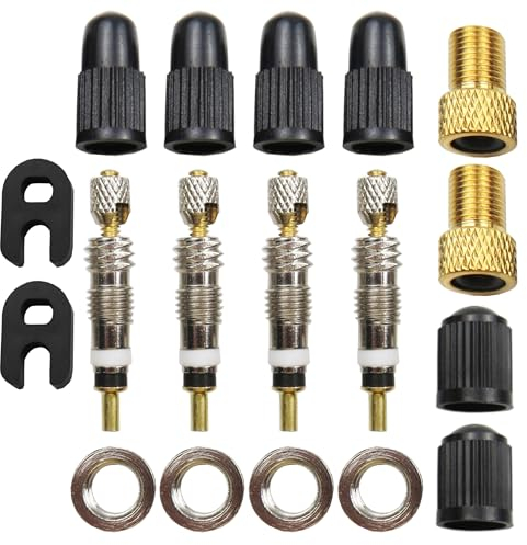 Pitlane Performance® Presta Fahrrad-Ventil 18-TLG. Blitzventil Reperaturset; Ersatzventile Ventileinsatz mit Dichtung; Ersatzteil-Set mit Mutter & Ventilkappe + 2X Gratis Presta-Schrader Adapter
