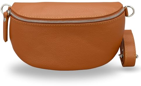 ADEL Bauchtasche Damen Echtleder Emma Silber Handgemachte Umhängetasche Crossbody Bag Schultertasche mit Ledergurt Stylische Hüfttasche Made in Italy (Cognac Braun-Silber 1, Large)