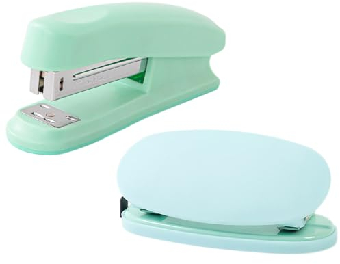 Mecmbj Locher Tacker Set, Tacker Büro, 2 Stück Bürohefter Ohne Heftklammern, Kapazität 20 Blatt, Tragbares Kleines Heftgerät und Locher Set für Büros, Klassenzimmer, Arbeitszimmer (Mintgrün)
