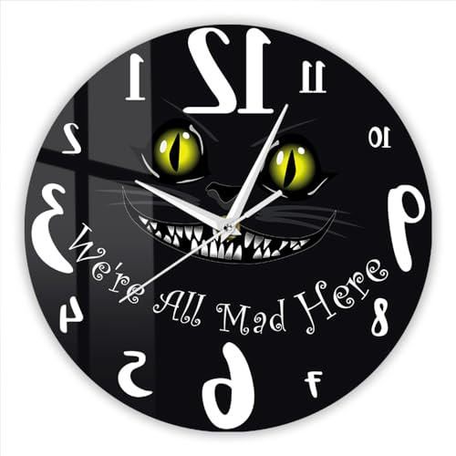 Timethink 30,5 cm große Wonderland Grinsekatze umgekehrte Uhr, gegen den Uhrzeigersinn, geräuschlos, Quarz, nicht tickend, batteriebetrieben, We're All Mad Here rückwärts laufende Wandkunst-Uhr für