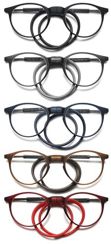 KOOSUFA Runde Magnetische Lesebrille mit Magnetverschluss Clip Herren Damen Leicht TR90 Faltbare Lesehilfe Arbeitsplatzbrille mit Einziehbare Brillenbügel, zum Aufhängen am Hals 5 Farben Set 1.75