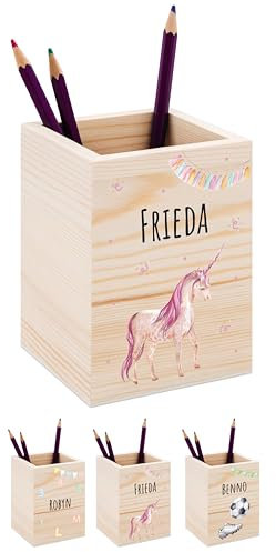 Bärenfreunde® - Personalisierter Stiftehalter Kinder aus Holz - Kreativer und praktischer Schreibtisch-Organizer Kinder mit Namen - Perfektes Einschulung Geschenk und Geburtstag (Einhorn Girlande)