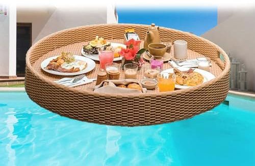 Kindevieft Schwimmendes FrüHstüCkstablett Aus Rattan, Schwimmender Tabletttisch FüR Den Pool, Schwimmende Poolbar, GroßEr Schwimmender Wassertisch FüR Pool-Strandparty, 80 X 80 X 20 cm,beige