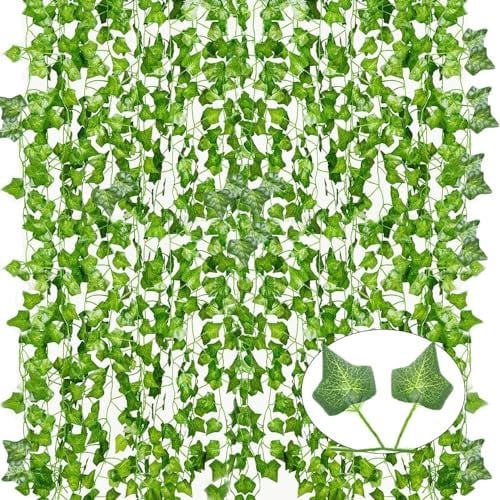 Sermenyum 12 Pack Artificial Ivy Fake Vines for Bedroom Aesthetic, 84 Feet, Greenery Leaves UV Resistant, Hanging Plant Decoration for Wedding, Party, Garden, Office, Wall. Vine Garland