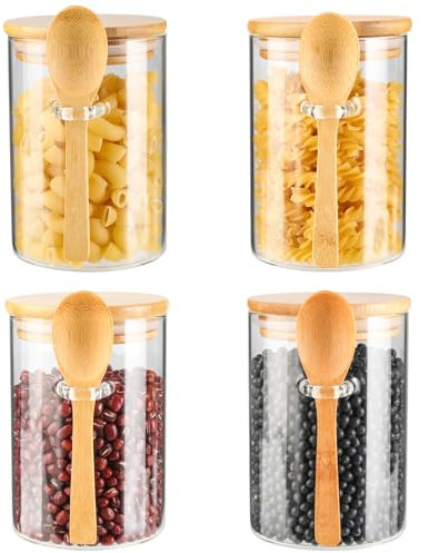 hanmir Vorratsgläser mit Deckel Luftdicht 4er Set,450ml Vorratsdosen mit Luftdichtem Bambusdeckel und Löffel,Glasbehälter für Kaffeebohnen, Nudeln, Pasta, Nuss, Keks, Süßigkeiten