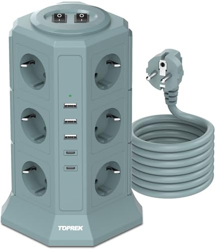 Steckdosenleiste mit USB C, 12 Fach Mehrfachsteckdose mit Schalter, 4000W/16A Mehrfachstecker Turm Verteilersteckdose Überspannungsschutz mit 2M Kabel 8er Steckerleiste für Zuhause Büro Reise Grün