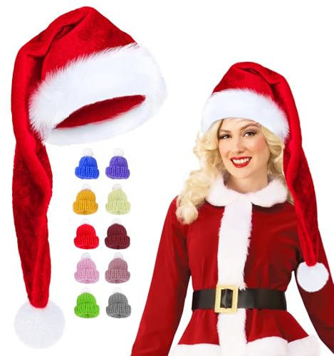 Qunkun weihnachtsmütze lang, Weihnachtsmütze Damen, Nikolausmütze Erwachsene Kind Plüsch Weihnachtsmützen, Christmas Hat Mit 10 Stück Mini Weihnachtsmütze