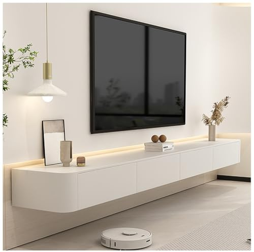 ASKLFNEI Mesa TV Flotante Largo de 180 cm, Soporte para TV con 2 cajones y 1 Puertas, Blanco Consolas de Medios Suspendido, Mueble de TV con gestión de Cables,para Dormitorio y Oficina