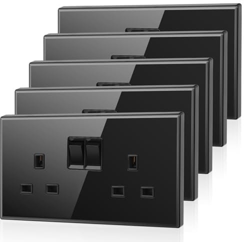 5 Pack CNBINGO Glass Double Switched Power Socket, Electric Power Sockets 2 Gang 13 Amp, Black Double Wall Outlet with Tempered Glass Panel
