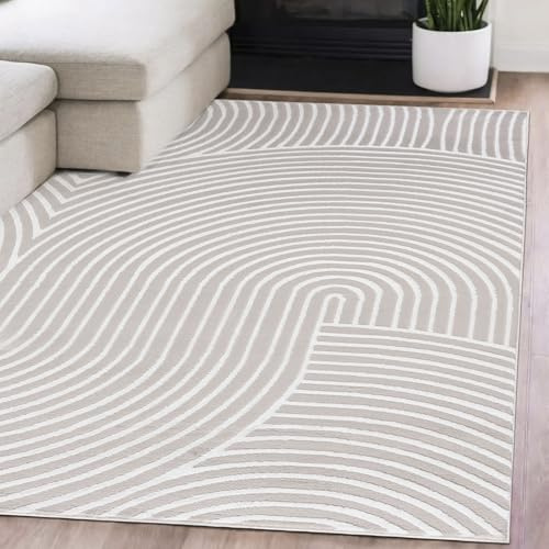 Mazovia Moderner Kurzflor Teppich mit geometrischem Wellenmuster und feinem 3D-Effekt - stilvolles Design für minimalistische Wohnräume - Teppich für Wohnzimmer Beige 180 x 250 cm
