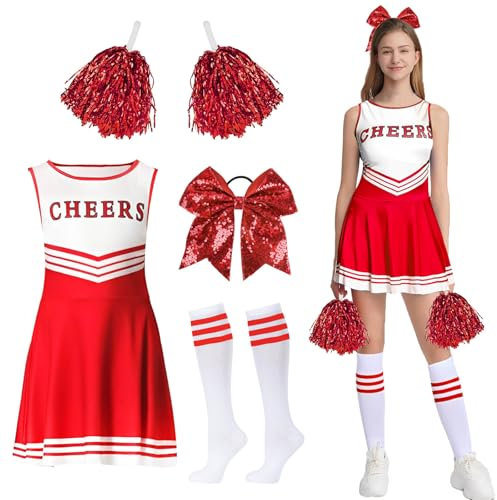 GUBOOM Cheerleader Kostüm Damen für Erwachsene, Cheerleaderkostüm Damen mit Cheerleader Pompoms, Haargummi, Socken, High School Cheerleader Kostüm für Verkleidung Cosplay Karneval Mottoparty (Rot, L)