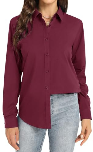 J.VER Womens Shirts Stretch Long Sleeve Regual Fit Plain Cotton Button Down Shirt Business Work Office Tops Wrinkle Free Ladies Blouse Burgundy S