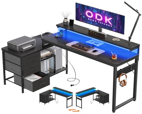 ODK Corner Desk with Drawers, 174x100 cm L Shaped Desk with LED Lights & Power Outlet, Reversible Office Table with Storage, Computer Table with Monitor Stand for Office and Bedroom, Black