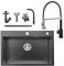 Auralum Fregadero Cocina Negro 65x45cm + Grifo Cocina Negro con Ducha de 2 Modos de Rociado
