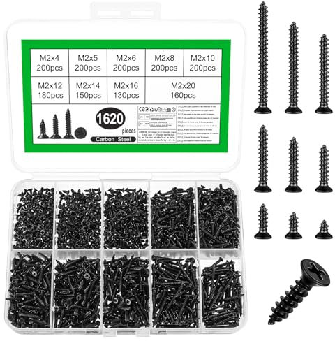 1620 Stück M2 Kleine Schrauben Set, Blechschrauben Selbstschneidende Schrauben Set, Holzschrauben Sortiment, Kreuzkopf Flachkopfschrauben Senkkopfschrauben für Holz Blech Beton(Schwarz) (schwarz, M2)
