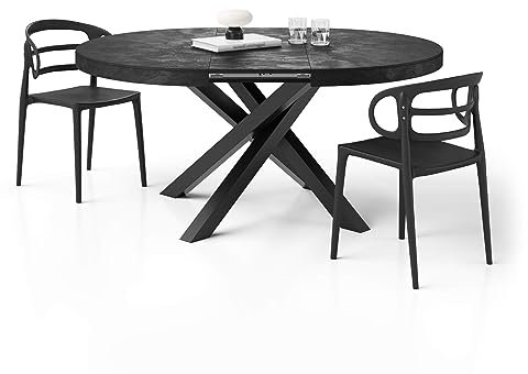 Table ronde extensible moderne avec plateau effet béton et pieds croisés noirs - Fabriquée en Italie