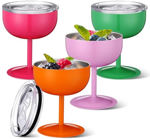 Sieral Set of 4 Stainless Steel Martini Tumbler with Lid 5 oz Small Coupe Cocktail Glasses Temperature Insulated Margarita Tumbler for Halloween Christmas Birthday Party Bar Pool