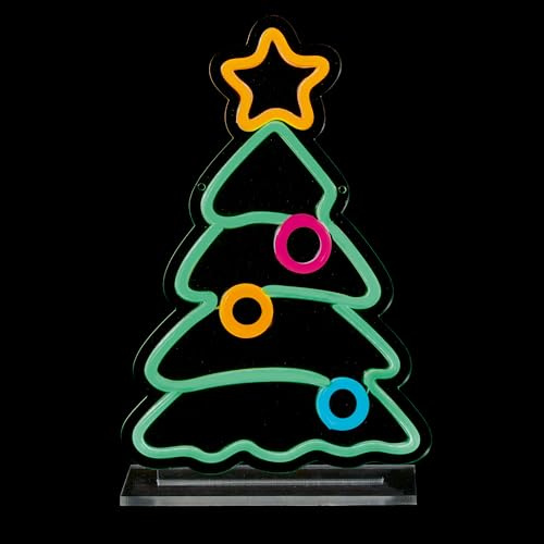 Premier 25cm Christmas Tree Table Top Lit Neon Sign – Cool White, Red, Yellow & Blue LED Neon Effect Christmas Decoration with 3m Cable