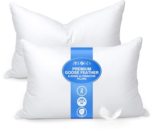 zibroges Feather Pillows Queen Size Set of 2 - Goose Down Hotel Bed Pillow for Sleeping, Soft 600 Thread Count Cotton Cover, Fluffy Support Surround Fill Polyester for Side, Back and Stomach Sleepers