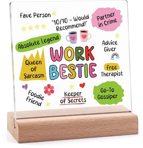 Work Bestie Gifts for Women Colleague Acrylic Plaque with Wooden Stand Funny Coworker Friends Gifts Acrylic Sign With Stand Desk Decor Signs Coworker Leaving Farewell Gift for Workmate