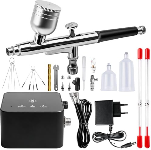 Set de aerógrafo con compresor, kit de aerógrafo portátil de 25 PSI de doble acción con pistola de aerógrafo + accesorios de limpieza para maquillaje, diseño de uñas, decoración de pasteles, modelado