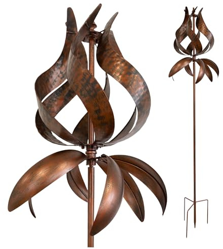LEMODO Windrad Tulipa mit gegenläufigen Rotoren | Gartendeko in 3 Höhen aufbaubar | Gartenstecker 213 cm hoch | Windmühle in Kupferoptik | Windskulptur mit Charme