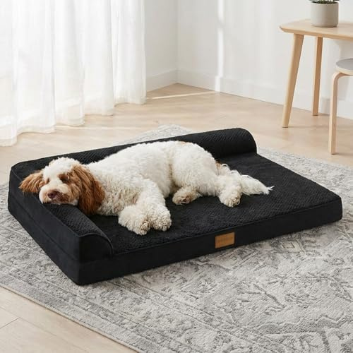 Jolibean ortopedisk Jacquard XXL hundbädd för extra stora hundar 122 x 76 cm, vattentät L-formad stor hundsoffa husdjurssäng med tvättbart avtagbart överdrag, halkfri mjuk bekväm husdjurssoffa