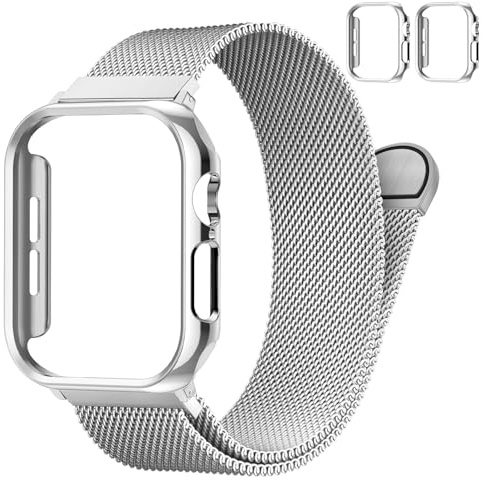 SOLOLUP Milanese Loop+2Pcs Schutzhülle für Apple Watch Armband Series 11 10 9 8 7 6 5 4 3 SE Ultra 3/2,Metal Milanaise Magnet Band für iWatch 49/46/45/44/42 mm-S 3/2/1，44mm PC Hülle(No Screen) Silber