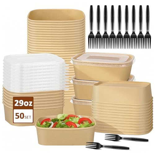 50Pcs Kraft Food Container with Lids, for Takeaway Hot/Cold Food, 1000ml | Rectangular Meal Prep Containers, with Spoons, Kraft Paper Salad Bowl, Oil and Water Resistant, Microwave Freezer Safe