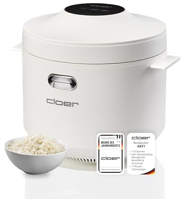 Cloer 6831 Reiskocher mit 1 l Fassungsvermögen, inkl. Dampfaufsatz & spülmaschinengeeignetem Innentopf, 7-Phasen-Technologie, Warmhaltefunktion bis 24 h, Signalton und Wasserstandsanzeige, 350 W