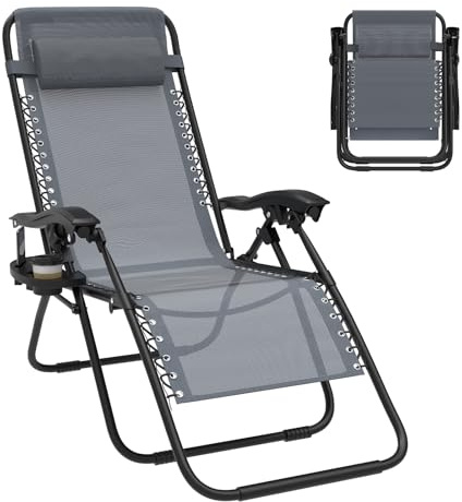 Lot de 2 Chaise Longue Pliante，Bain de Soleil，Fauteuil Relax Jardin avec Repose-Tête et Porte-Gobelet,Inclinables，Transat de Plage，Chaise de Camping，Transat de Relaxation pour Patio Jardin Plage，Gris