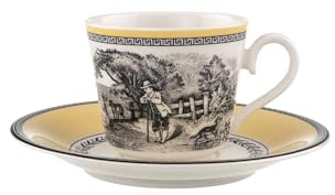 Villeroy & Boch Audun Ferme Kaffeetassen mit Untertassen, 12-teilig | für 6 Personen, 150 ml, Kupferstich-Stil, Premium Porzellan, Weiß/Grau/Gelb