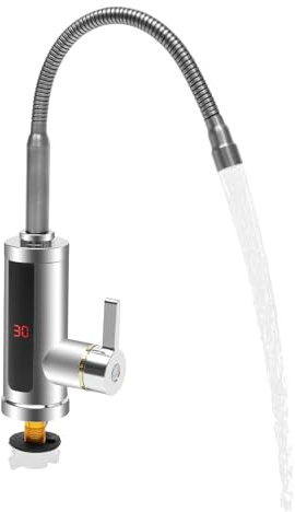 Rubinetto elettrico con scaldabagno istantaneo, rubinetto a LED girevole a 360° con indicatore di temperatura, riscaldamento rapido, 304 acciaio inox, per cucina e bagno e roulotte (230 V 3000 W)