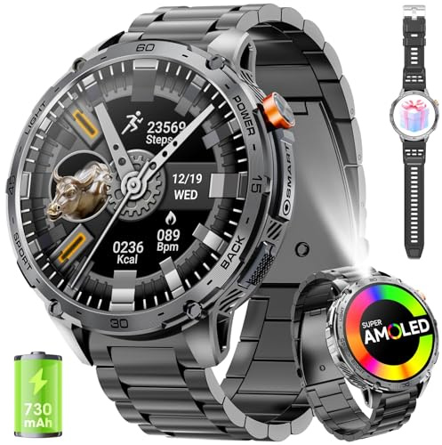 mingwear Smartwatch Uomo 1.75 AMOLED 730mAh 110+ Sportive Orologio Smartwatch con Sonno/Cardiofrequenzimetro/Torcia LED Militare Smartwatch Compatibile iOS Android (Risposta alle Chiamate Bluetooth)