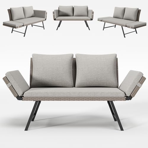 Gartenbank Rattan Wetterfest mit Liegefunktion 2-3 Sitzer, Gartensofa & Balkonsofa mit Kissen & Polster, Verstellbare Armlehnen, Bis 220kg, Outdoor Sofa Bank für Klein Balkon, Terrasse, Garten -Beige