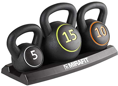 Mirafit 3pce Kettlebell Weight Set with Stand - 5, 10 and 15lbs (2.2kg, 4.5kg and 6.8 kg)