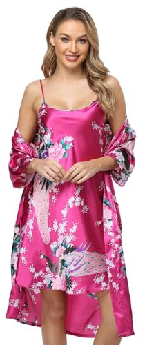 Joy Bridalc Satin Damen Kimono Robe Gorgeous Loungewear 2-teiliges Set Nachtwäsche Camisole & Robe, Rose, Medium