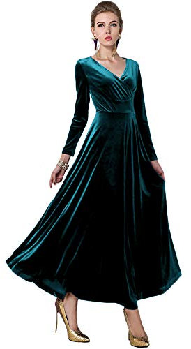 Women's Long Sleeve Evening Dress Maxi V-Neck Velvet Party Dress (L, Lyons Blue)
