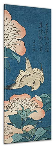 Bilderdepot24 Bild auf Leinwand | Katsushika Hokusai Pfingstrosen und Kanarienvogel in 30x90 cm als Wandbild | Wand-deko Dekoration Wohnung alte Meister | 181104-30x90