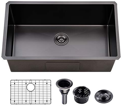 UFaucet 32 Inch Black Undermount Kitchen Sink Stainless Steel Deep Single Bowl, 32”x18” Gunmetal Black 16-Gauge Zero Radius Commercial Large Kitchen Sink with Drainer and Bottom Grid