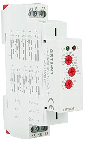 Regun Relé de tiempo multifunción, GRT8-M1 relé de retraso AC/DC 12V 240V, módulo de relé de montaje de guía din, con 10 funciones para equipos industriales, control de iluminación