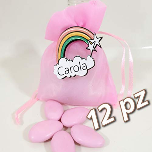12 Sacchetti con Arcobaleno rosa sacchetti porta confetti nascita bambina (12 Sacchetti + confetti)