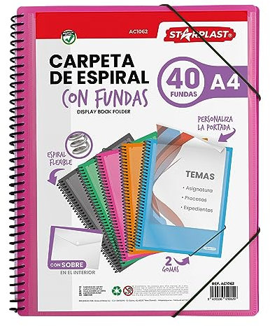 Starplast Dossier Pochettes spiralées flexibles - 40 pochettes transparentes, A4, fermeture élastique, couverture en polypropylène, personnalisable, utilisation scolaire et de bureau - rose